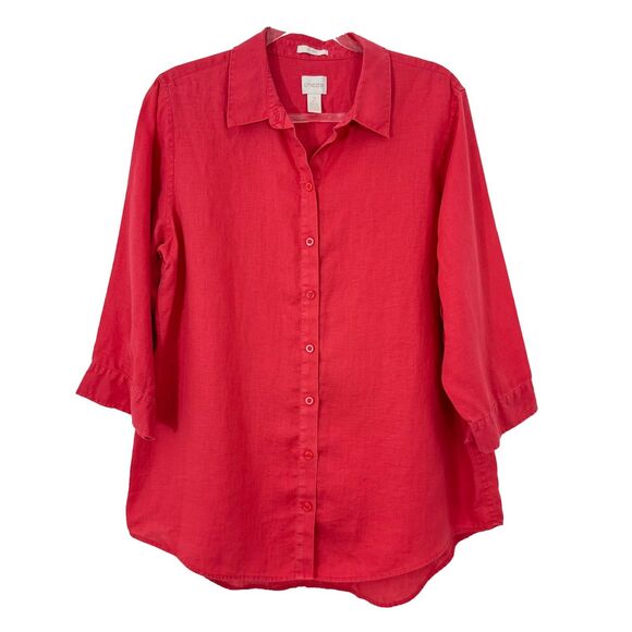 Chico's Tops - CHICO'S Non Iron Linen Button Up Shirt 2 L Coral Pink Top Great Condition B7